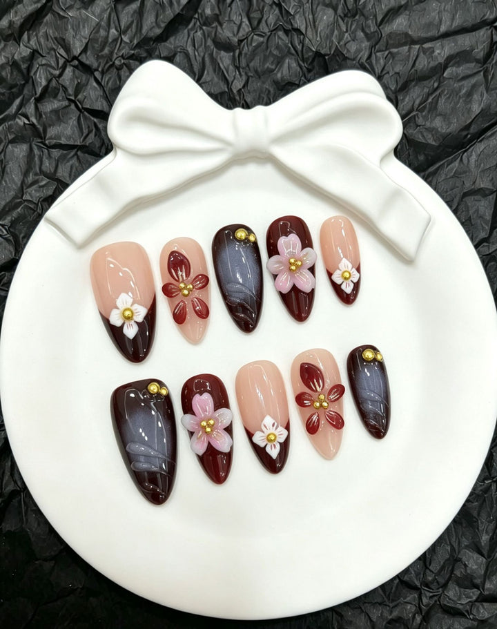 Artistic Floral and Gem-Embellished Press-On Nail Set  1791773082