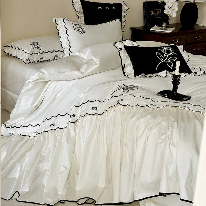 Ruffled Gathered Duvet Cover Set with Contrast Piped Edge & Decorative Embroidered Shams