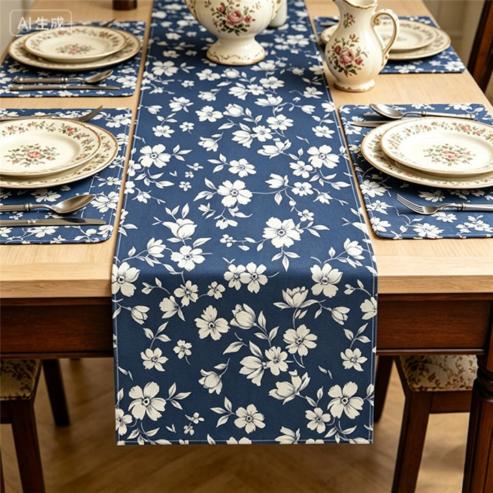 Decorative Cotton-Linen Table Runner with Printed Floral Bouquet Pattern