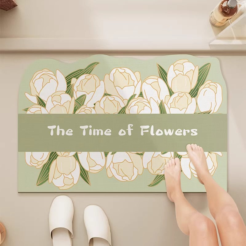 Absorbent Non-Slip Entrance Doormat with Tulip Illustration and 'The Time of Flowers' Typography