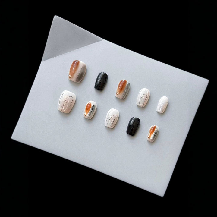 Artistic Press-On Nail Set with Marble and Glossy Finish