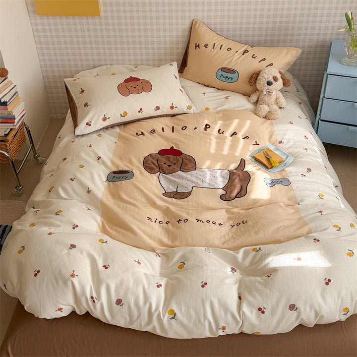 Cute Cartoon Puppy Cotton Duvet Cover Set with Pillow Shams and Reversible Floral Border