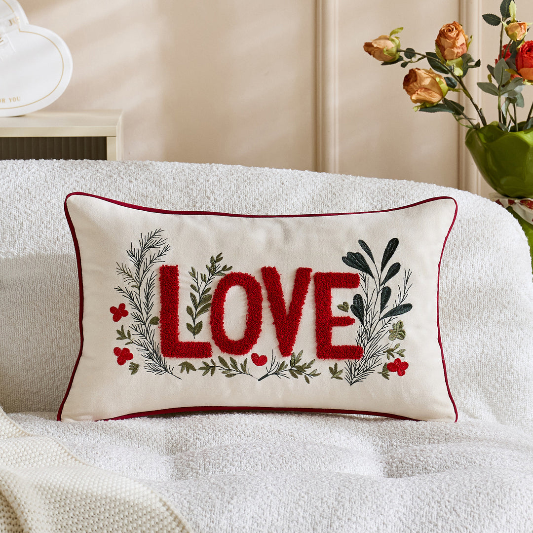 Embroidered Tufted LOVE Botanical Accent Pillow Cover