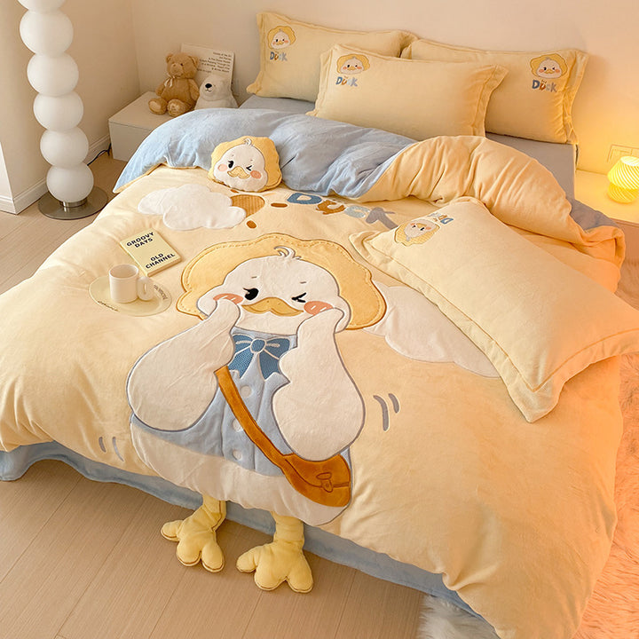 Plush Cartoon Duck Flannel Duvet Cover Bedding Set