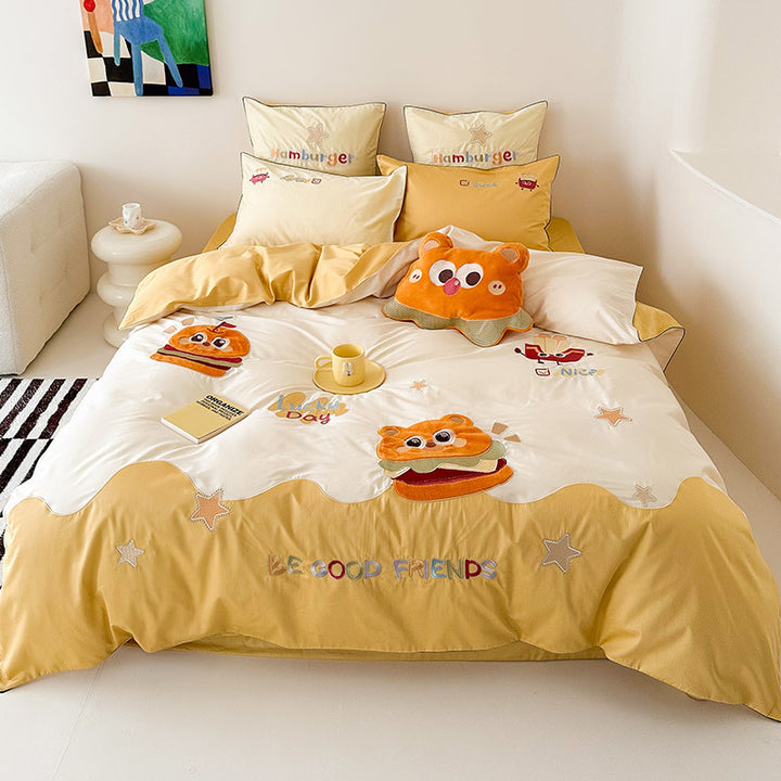 Child bedding set with applied safari giraffe, apple tree motif and fine embroidery