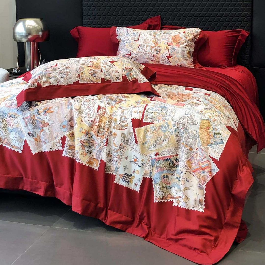 Luxurious cotton satin bed linen set with fine floral ornamentation and decorative pillowcase