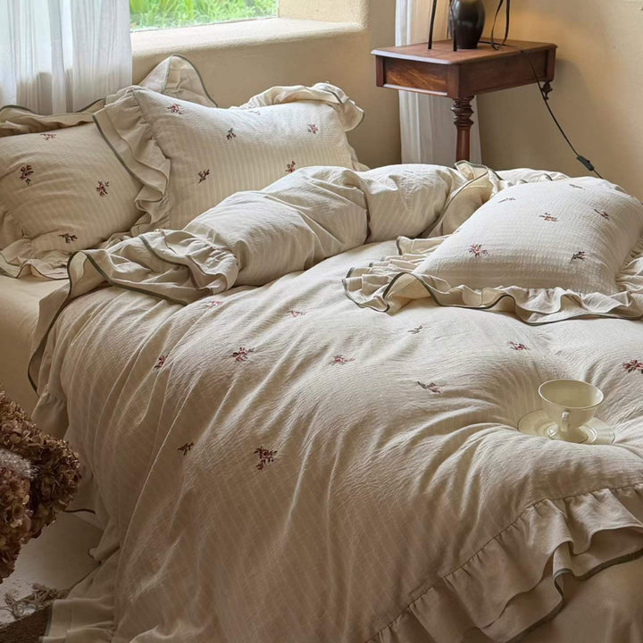 Ruffled Embroidered Cotton Duvet Cover Bedding Set with Pillow Shams