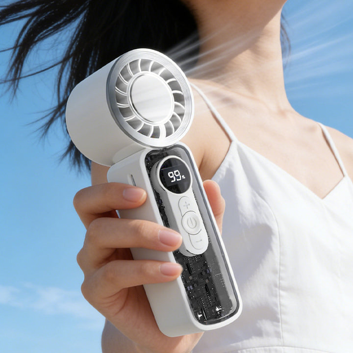 Cooling bladeless micro-turbine handheld fan with OLED battery display and fold-out stand Stornfield