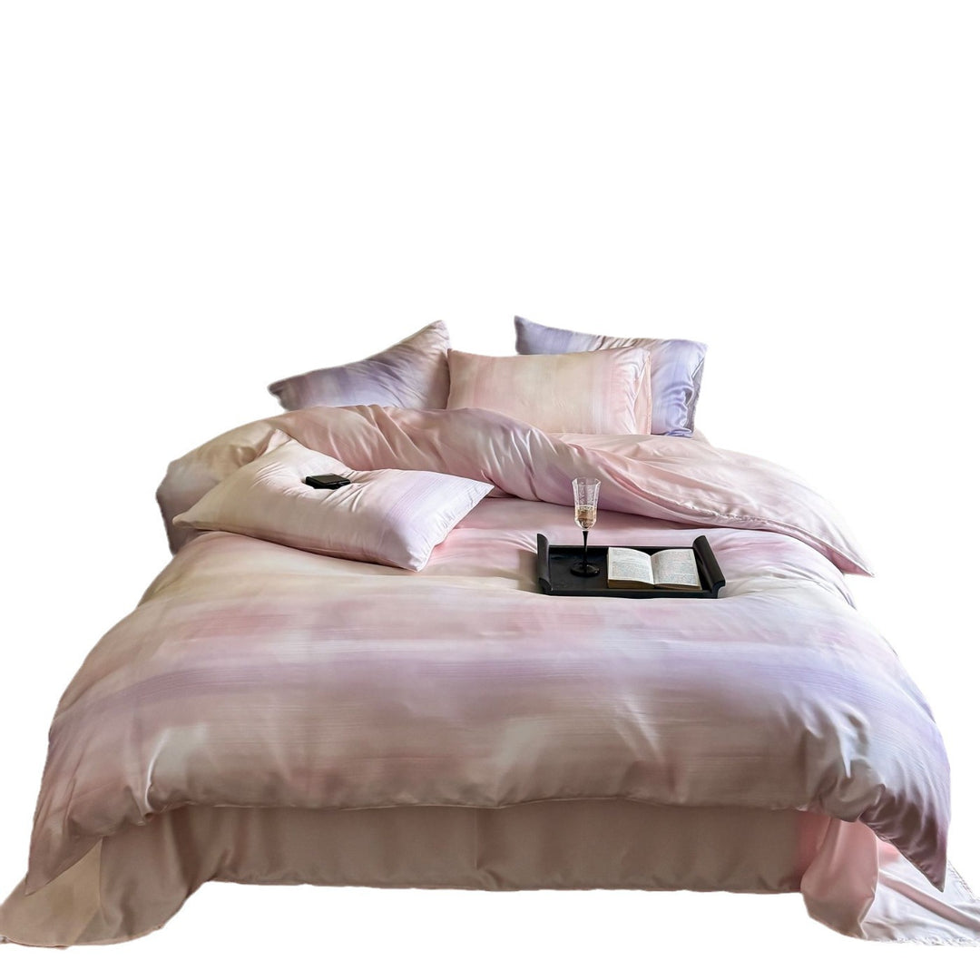 Luxurious Mako satin bedding set with gentle watercolor gradient and concealed hotel closure