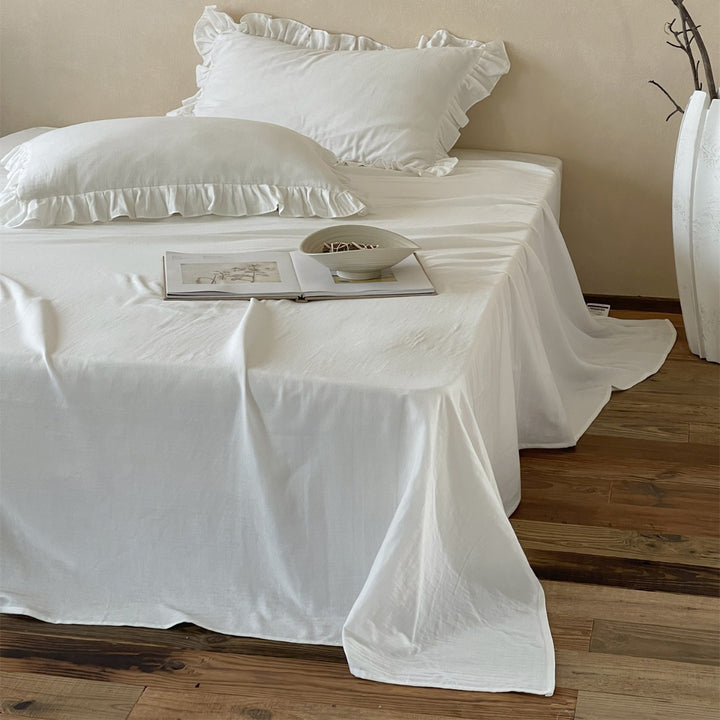 Washed Cotton-Linen Blend Ruffled Pillowcase & Flat Sheet Set