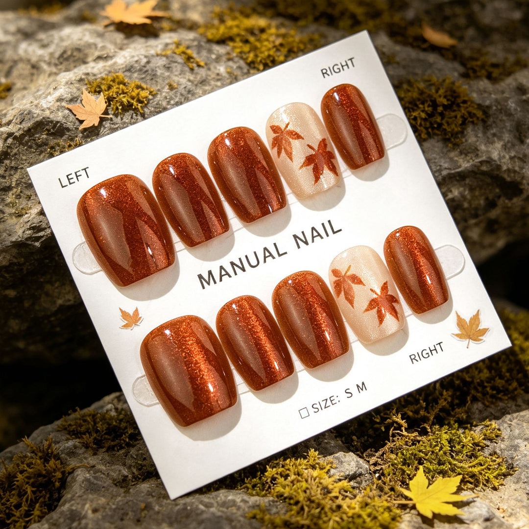 Autumn-Themed Press-On Nail Art Set with Leaf Design Stornfield