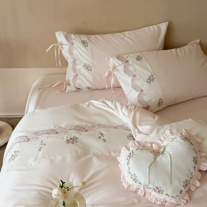 Embroidered Ruffled Cotton Sateen Duvet Cover Set with Decorative Tie Pillow Shams and Heart Throw Pillow