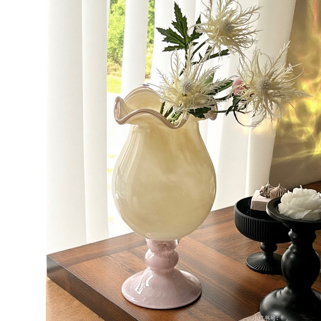 Decorative Ruffled Glass Table Vase with Turned Pedestal Stornfield