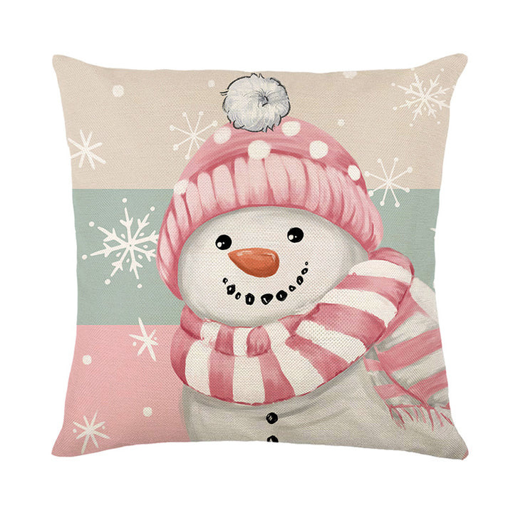 Square Cotton-Linen Snowman Accent Pillow Cover with Pink Striped Beanie and Scarf Print
