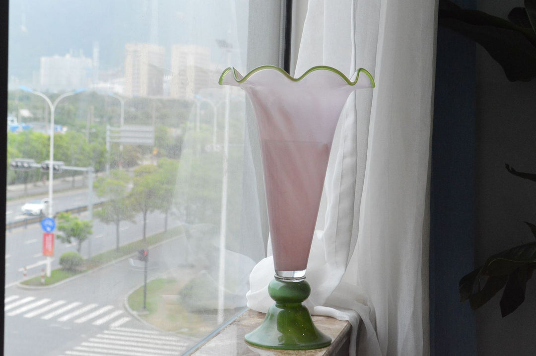 Handblown Fluted Pedestal Art Glass Trumpet Vase Stornfield