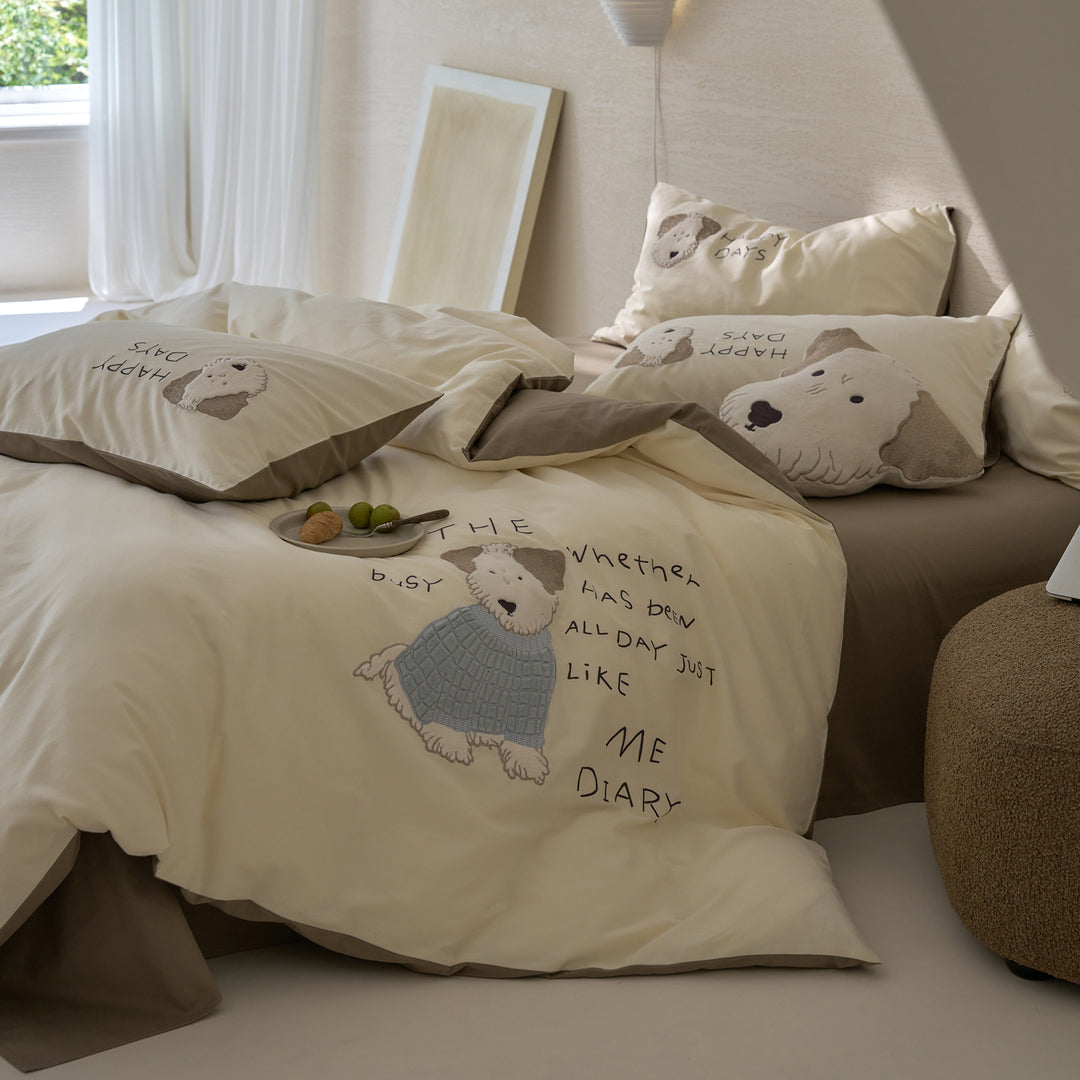 Embroidered Cotton Duvet Cover Set with Reversible Solid Backing and Dog Applique