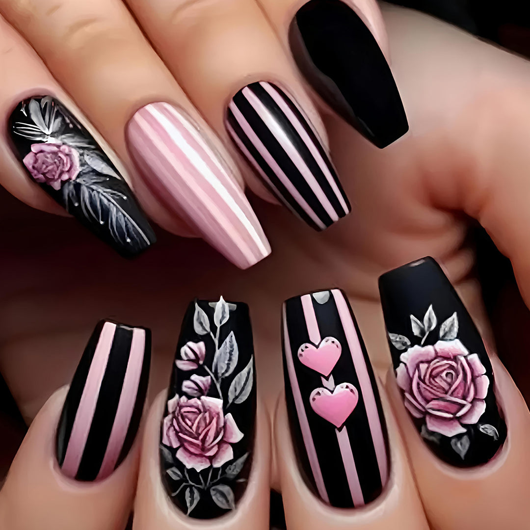 Artificial nails with romantic roses and heart designs Stornfield