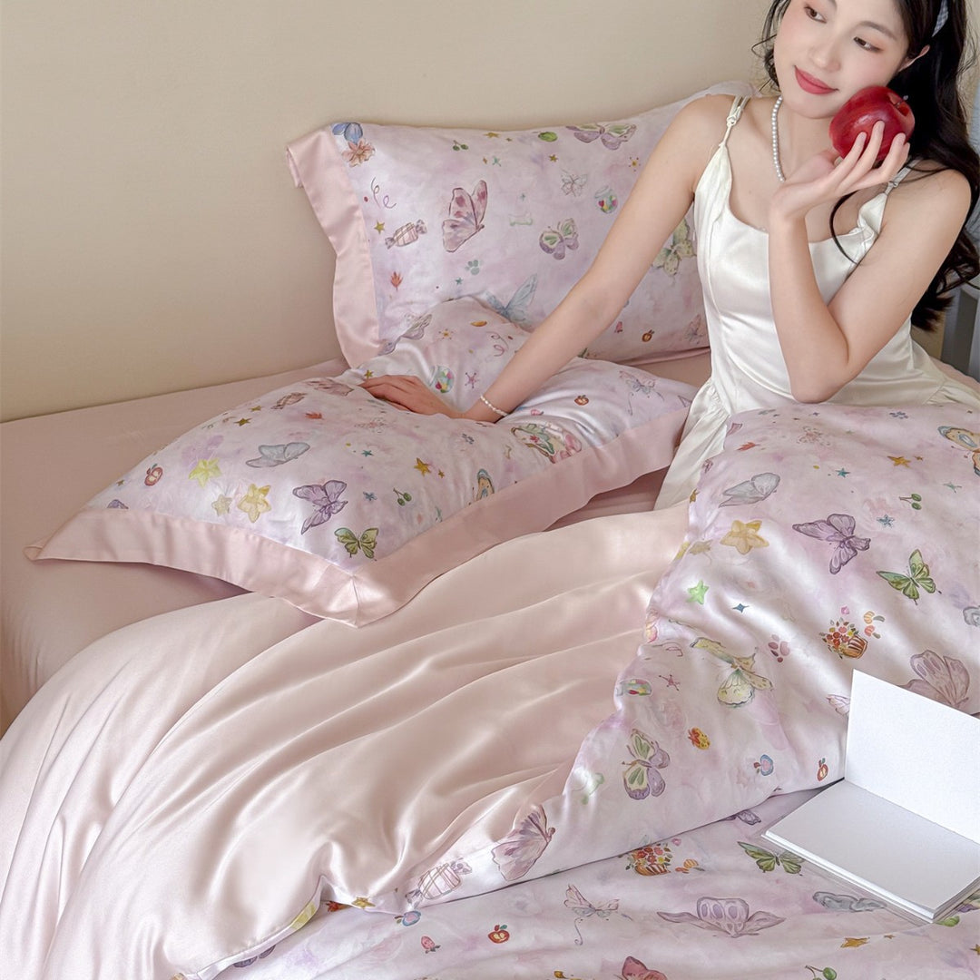 Silky Satin-Feel Reversible Butterfly Print Duvet Cover Set with Satin-Trim