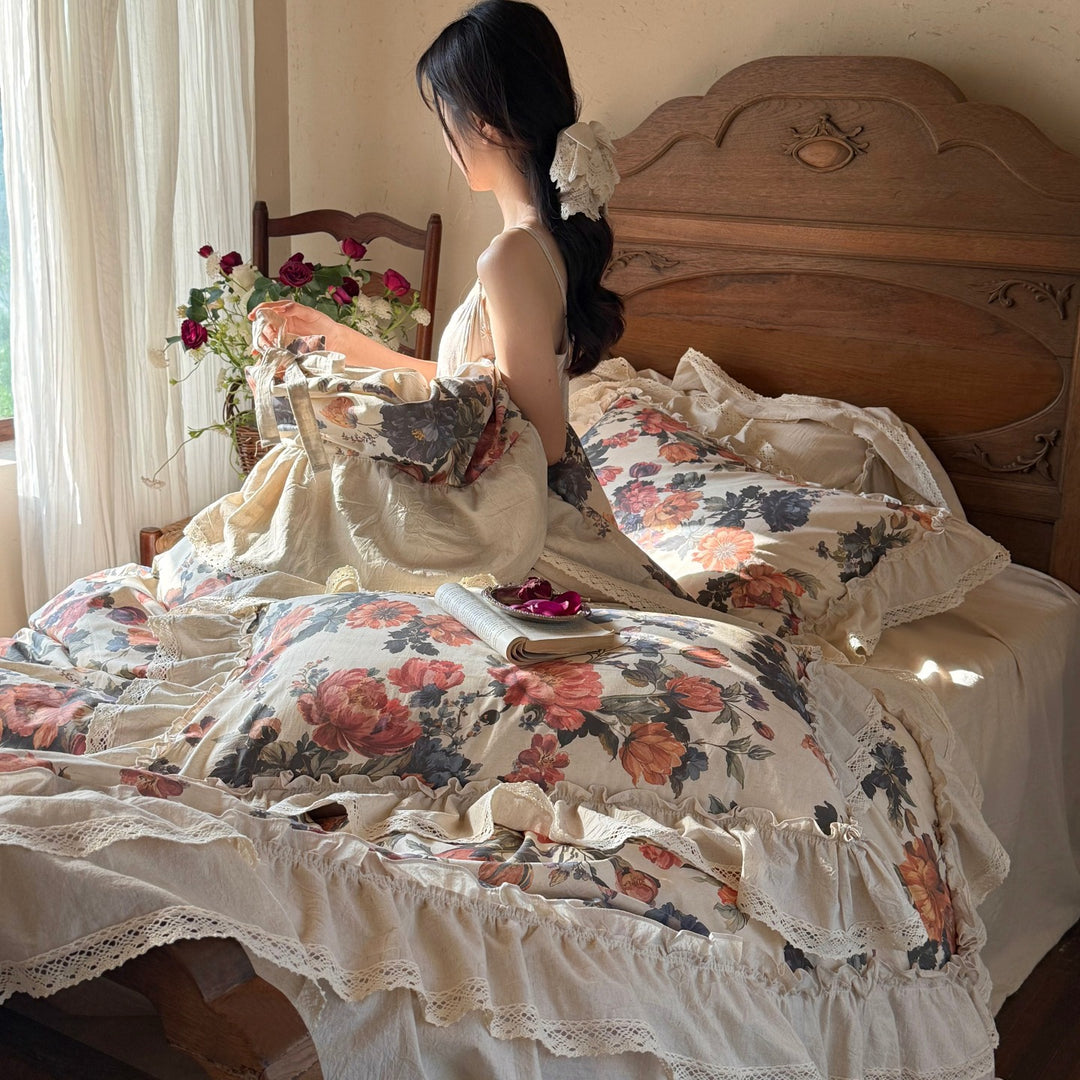 Floral Ruffled Cotton-Linen Duvet Cover Set with Lace Trim and Euro Shams