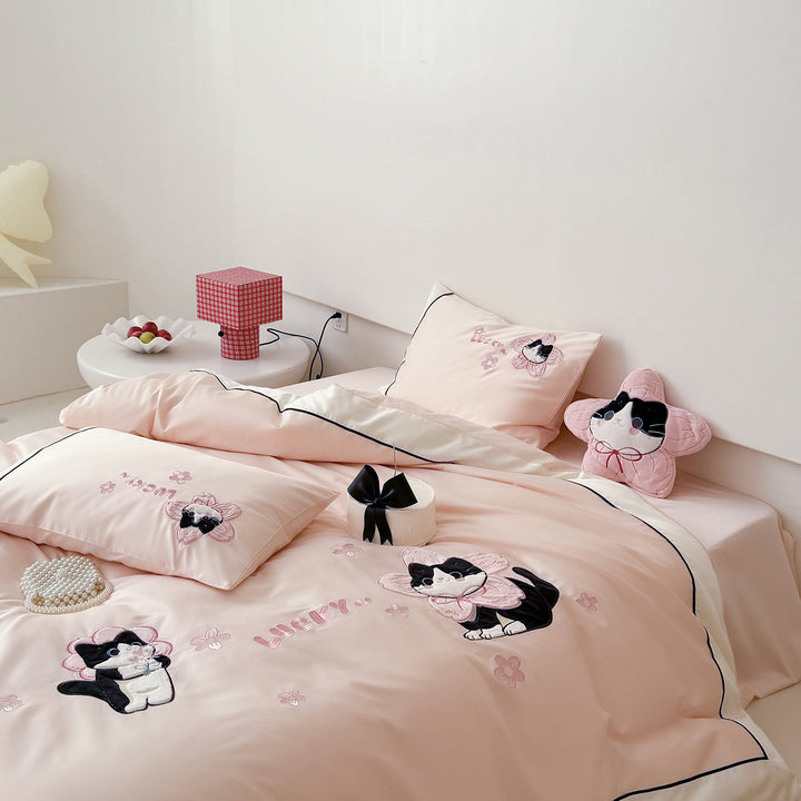 Cotton-Satin Embroidered Cat Duvet Cover Bedding Set