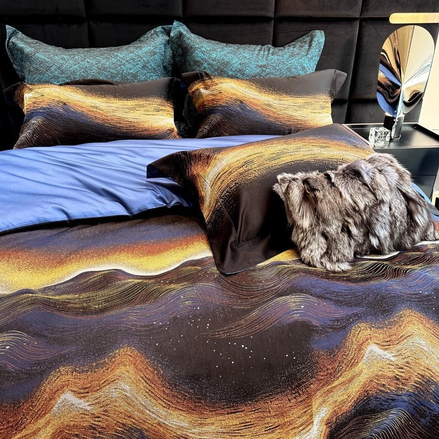 Premium Abstract Wave-Print Cotton Sateen Duvet Cover Bedding Set with Reversible Solid Back