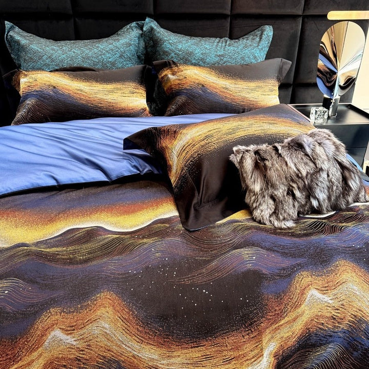 Premium Abstract Wave-Print Cotton Sateen Duvet Cover Bedding Set with Reversible Solid Back