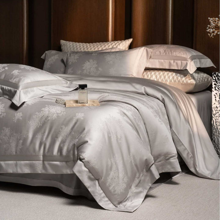 Luxury Jacquard Satin Duvet Cover Set with Botanical Embossed Weave and Oxford Pillow Shams