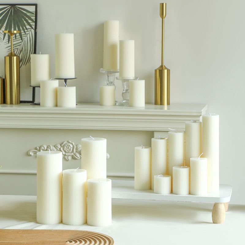 Ribbed Pillar Candle Collection with Graduated Heights and Drip-Resistant Finish