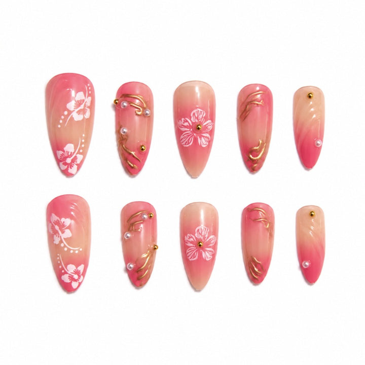 Artistic Nail Art Press-On Nail Set with Floral and Gold Accents Stornfield