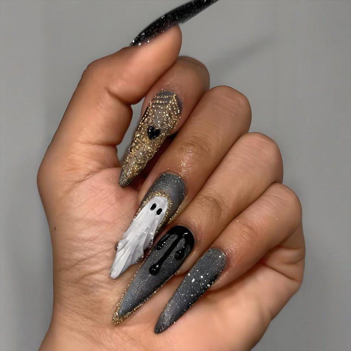 Halloween Art Nail Set with Elegant Ghost and Spider Motifs Stornfield