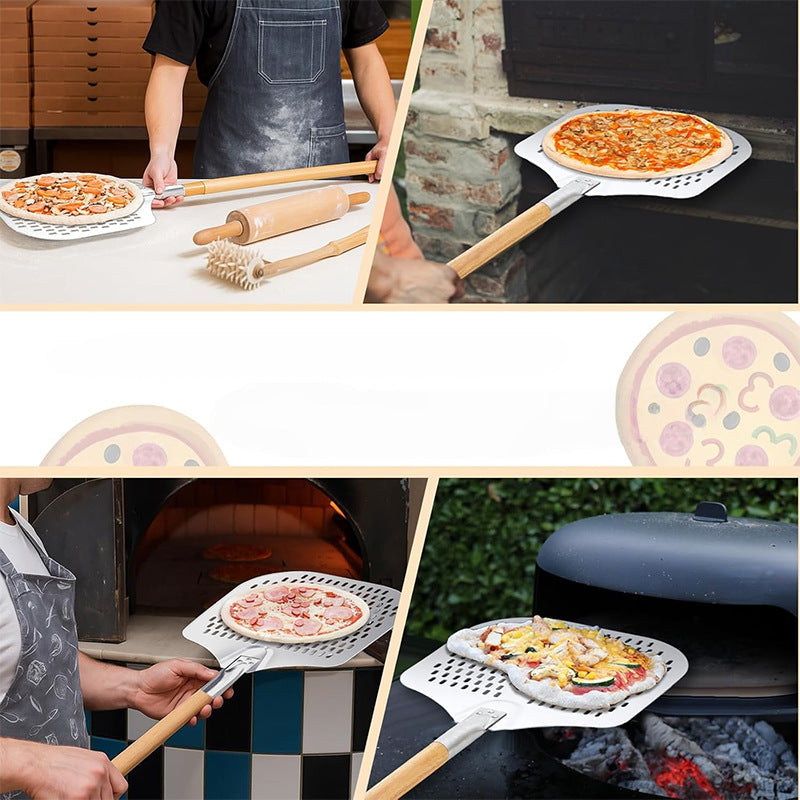 long-handled perforated pizza peel set with wooden handle stainless steel cutter and triangle server Stornfield