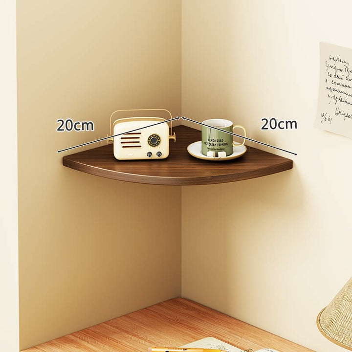 Corner Floating Wall Shelf with Curved Triangular Wooden Top and Heavy-Duty Metal Brackets