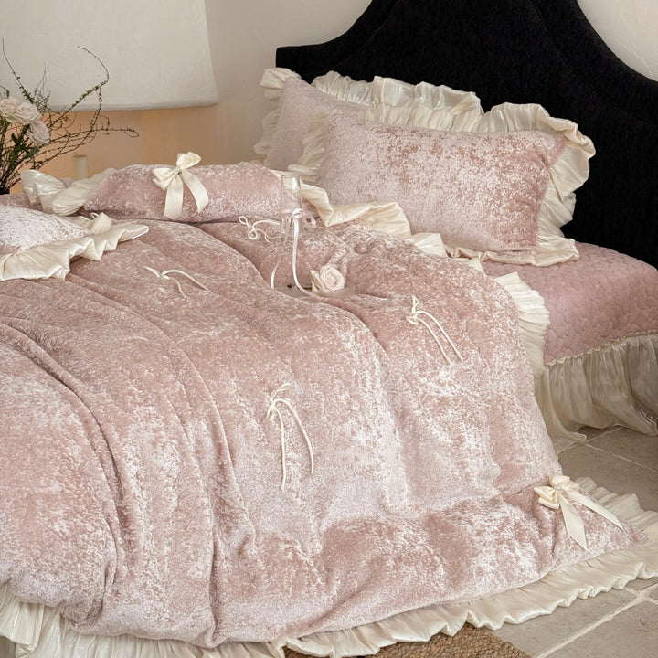 Luxury Crushed Velvet Ruffled Duvet Cover Set with Satin Bows