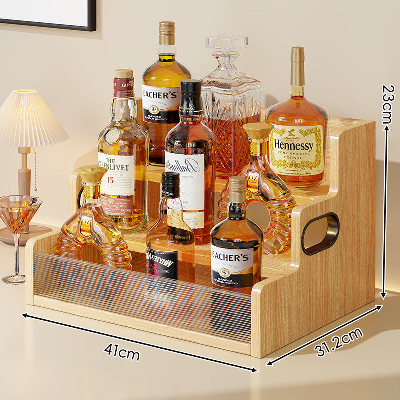 Multi-Tier Wooden Home Bar Liquor Bottle Display Organizer with Removable Front Panel and Side Handles