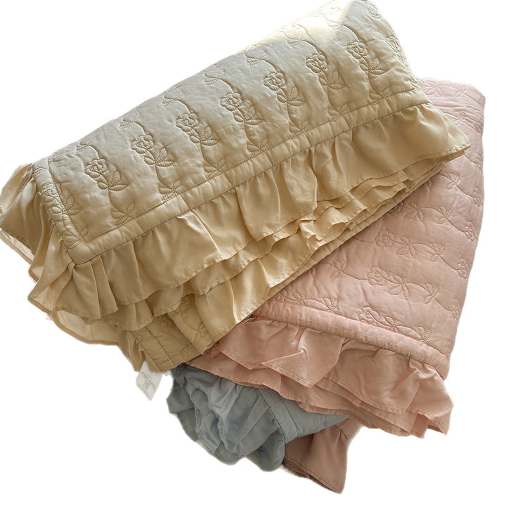 Quilted Floral Embroidered Bedspread Set with Ruffle Pillow Shams