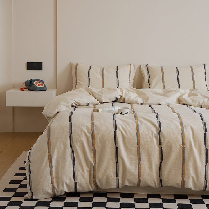 Cotton-linen duvet cover set with brush stroke stripes and airy muslin texture