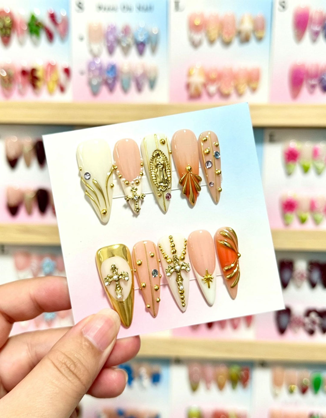 Artistic Press-On Nail Set with Floral and Green Accents