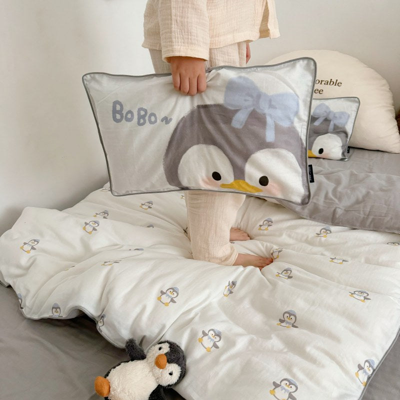 Children's bedding set in futon style with embroidered puppy motifs and cuddle pillow