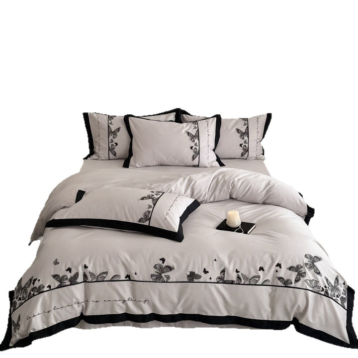 Botanical Butterfly Embroidered Cotton-Sateen Reversible Duvet Cover Set with Contrast Piped Border and Euro Shams