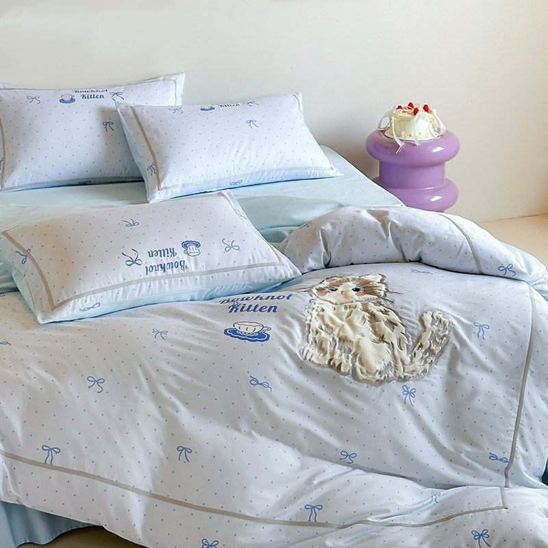 Children's Appliqué Kitten Cotton Sateen Duvet Cover Set with Piped Pillow Shams
