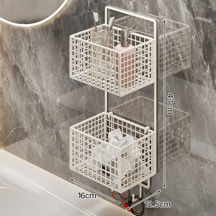 Wall-Mounted Metal Grid Bathroom Caddy with Triple Compartments Hooks and Drainable Base