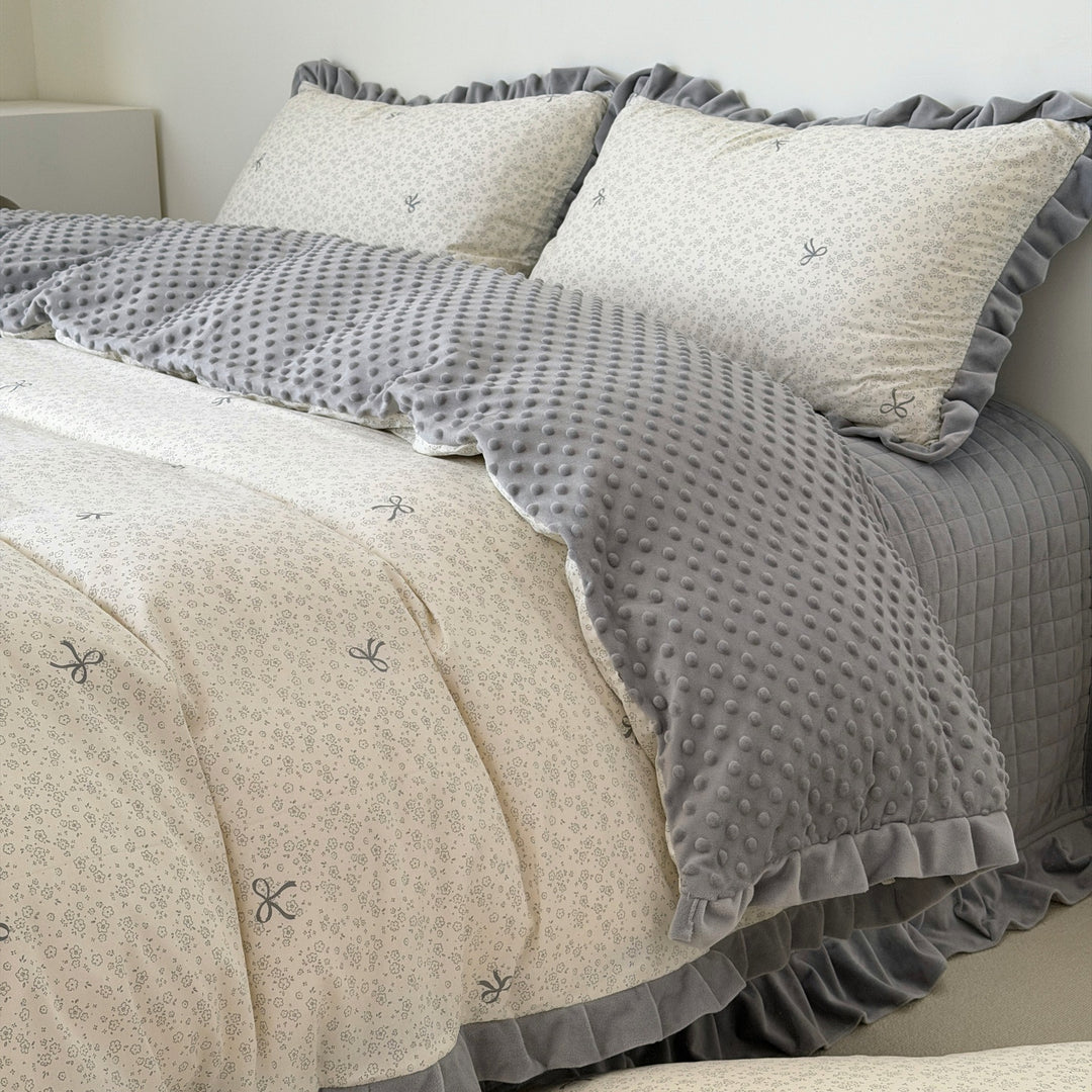 Floral Cotton Duvet Cover Set with Velvet-Trimmed Ruffled Shams and Plush Minky Throw