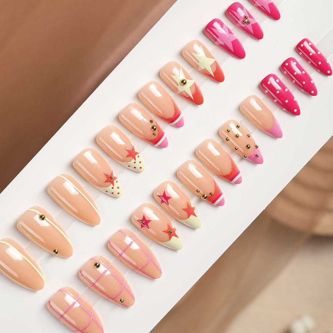 Artificial nail set with creative geometric patterns and sparkling accents Stornfield