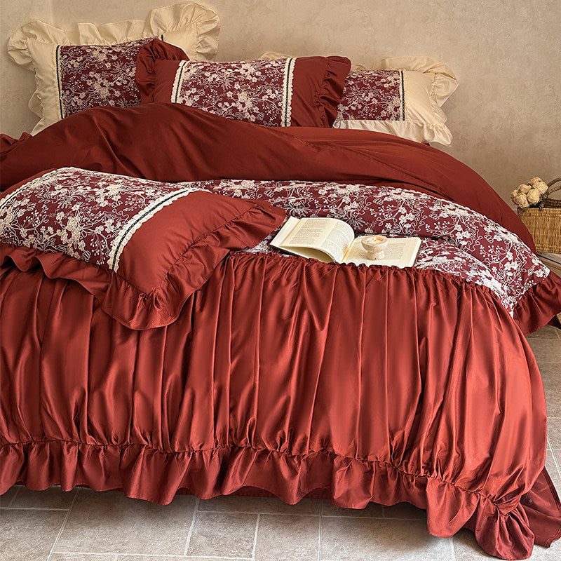 Ruffled Satin Bedspread Set with Floral Jacquard Panels and Gathered Bed Skirt