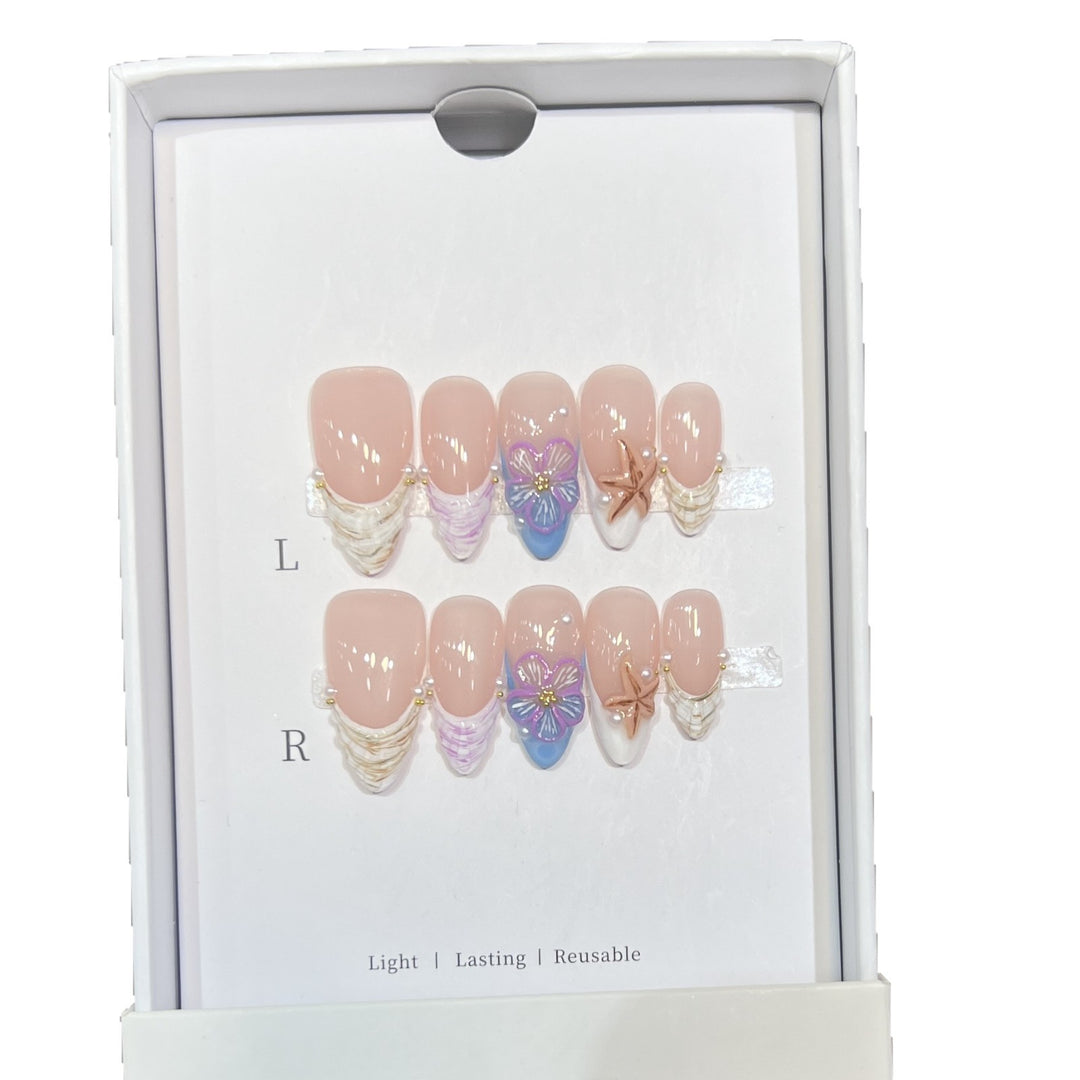 Artistic Press-On Nail Art Set with Floral and Starfish Design Stornfield