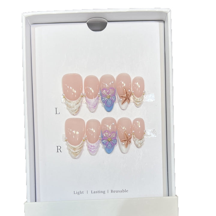 Artistic Press-On Nail Art Set with Floral and Starfish Design Stornfield