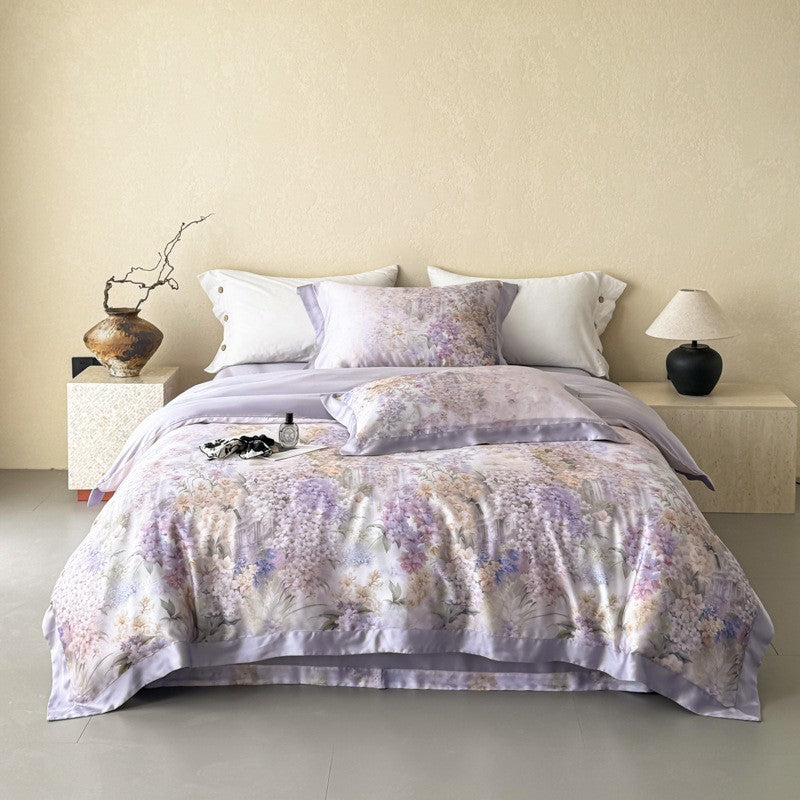 Luxurious satin bedding set with lilac flower print and silky piping