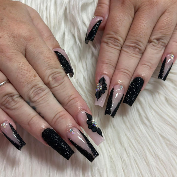 Glamorous Long Stiletto Press-On Nails with Glitter and Floral Accents Stornfield