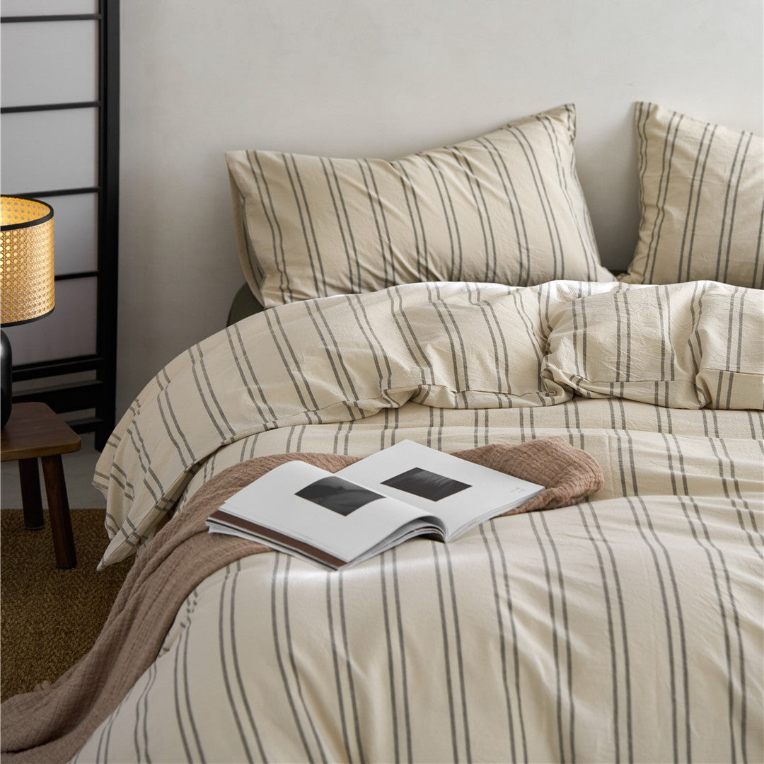 Breathable Washed Cotton-Linen Pinstripe Duvet Cover with Euro Shams