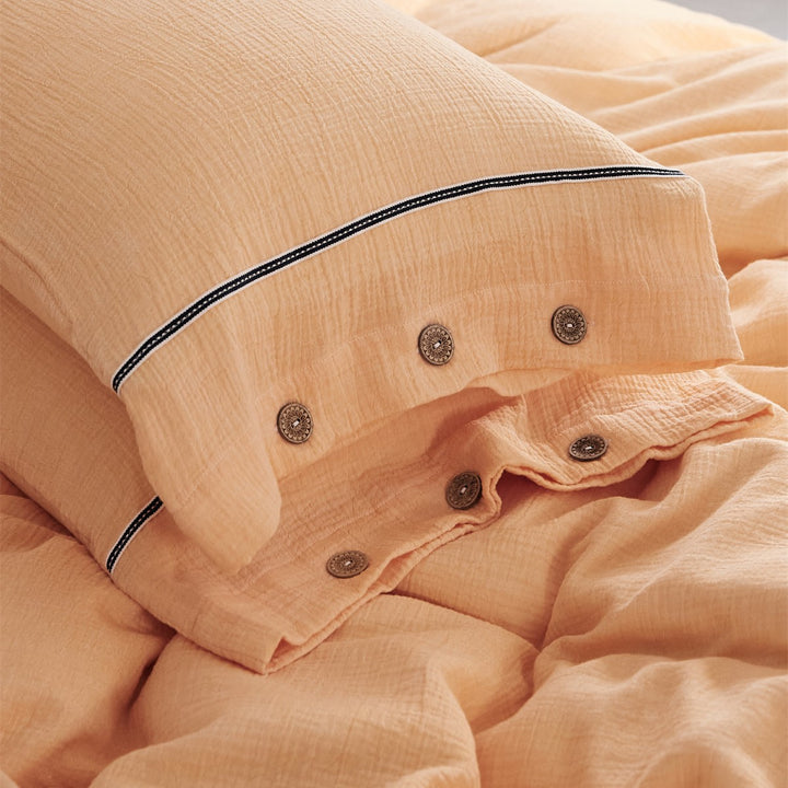 Crinkled Cotton Gauze Duvet Cover & Button-Closure Pillowcase Set with Decorative Metal Buttons and Contrast Tape Trim